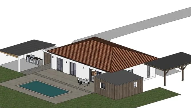 Dessin 3D d'une maison de plain-pied avec piscine, cuisine d'été et carport